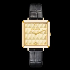 Watch Iconic Cube Spikes Gold Bracelet Leather Black