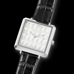 Watch Iconic Cube Spikes Silver Bracelet Leather Black