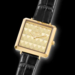 Watch Iconic Cube Spikes Gold Bracelet Leather Black