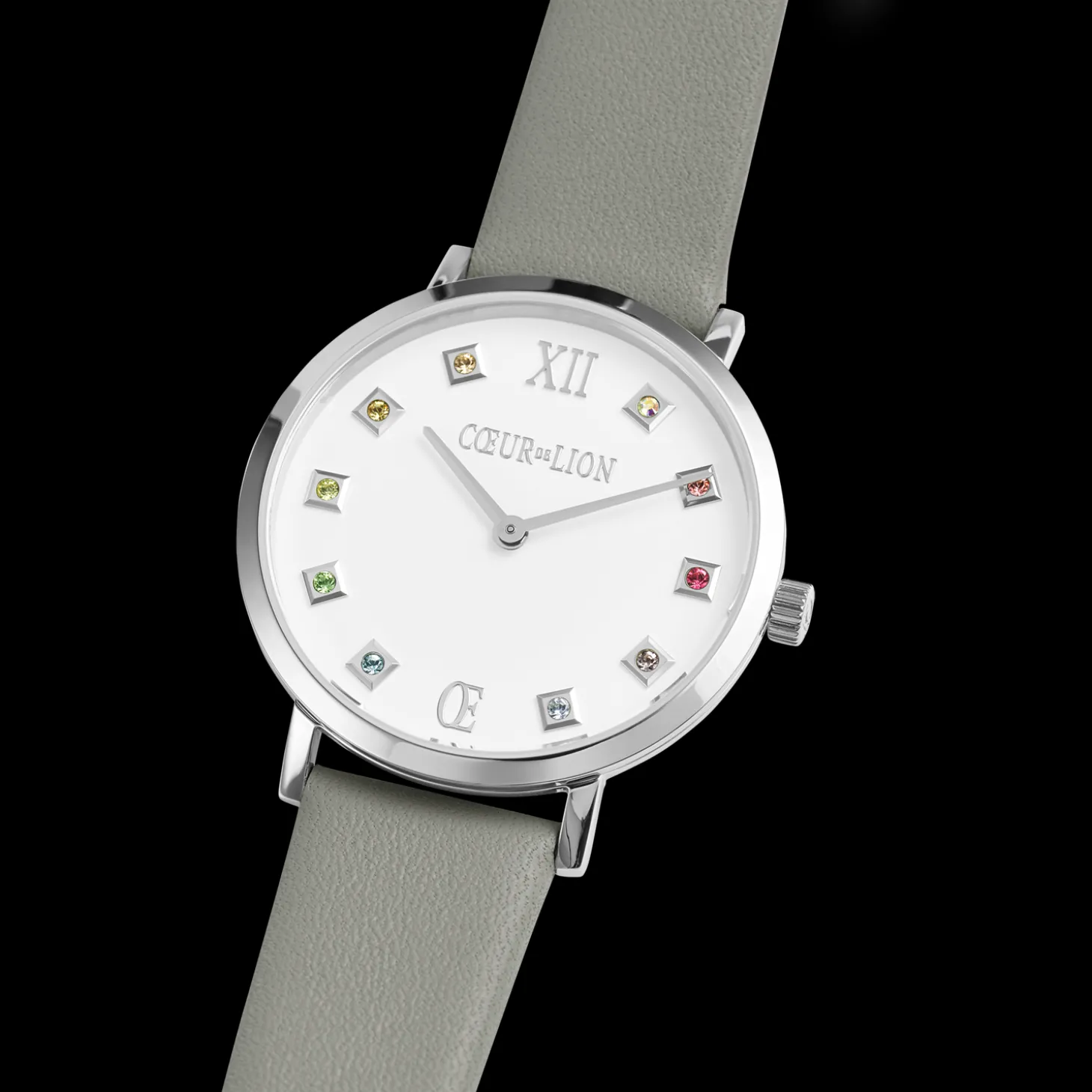 Watch Round Brilliant White Bracelet Leather Light Grey