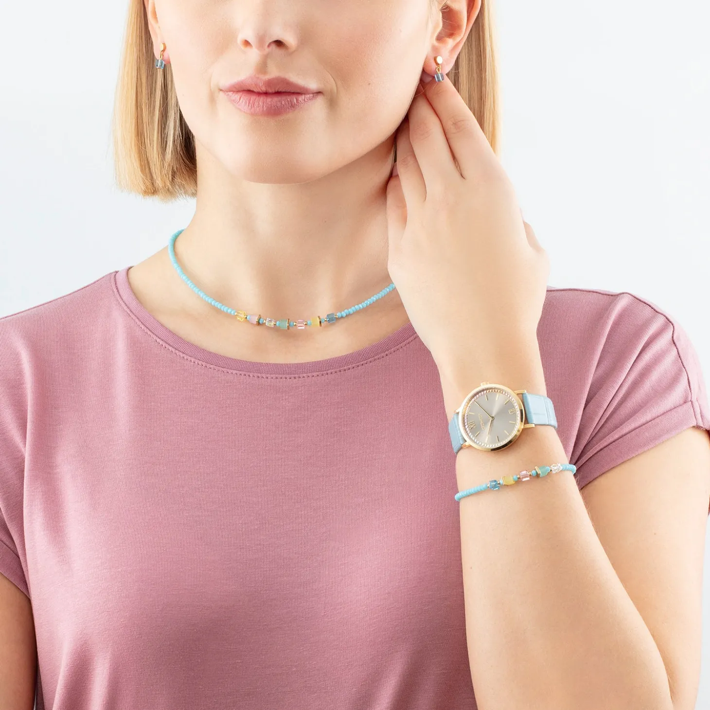 Watch Round Pastel Lovers Gold Bracelet Leather Blue