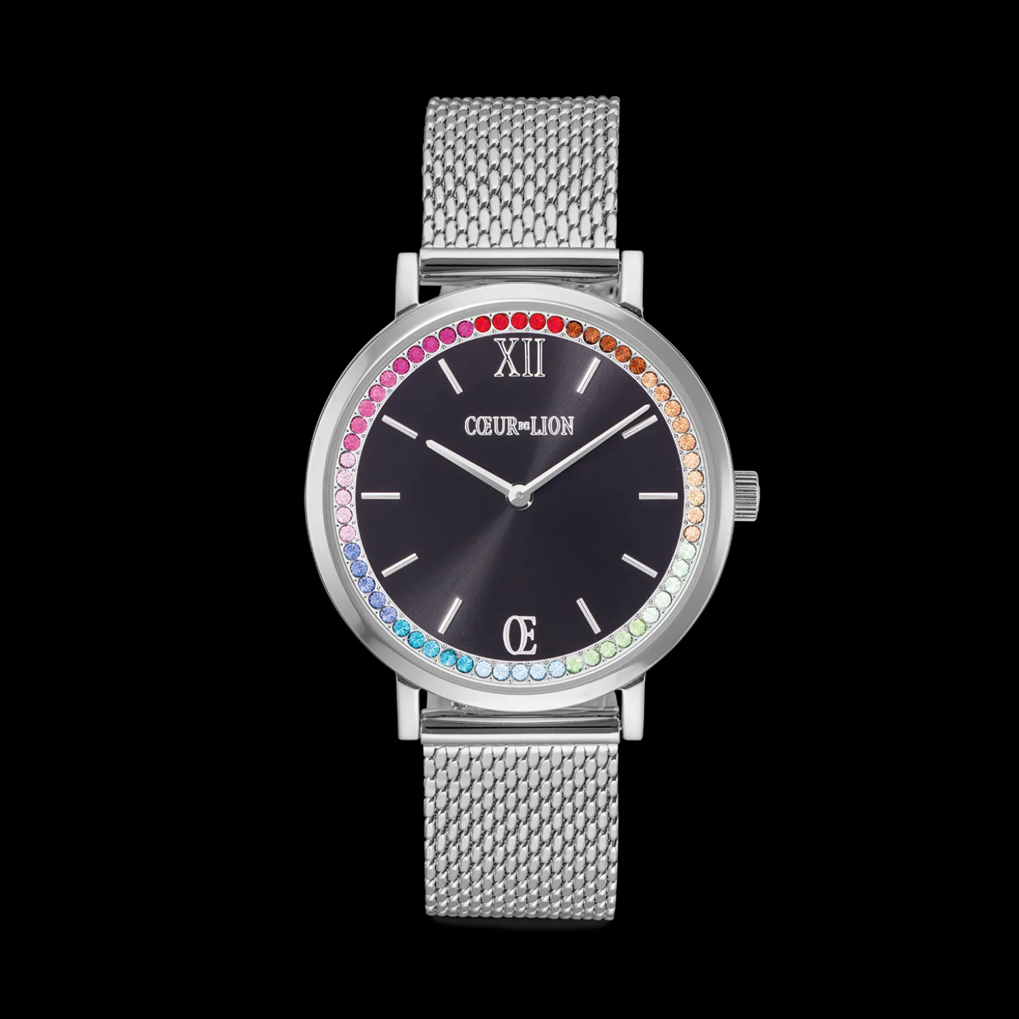 Watch Round Sparkling Rainbow Sunray Black Milanaise silver